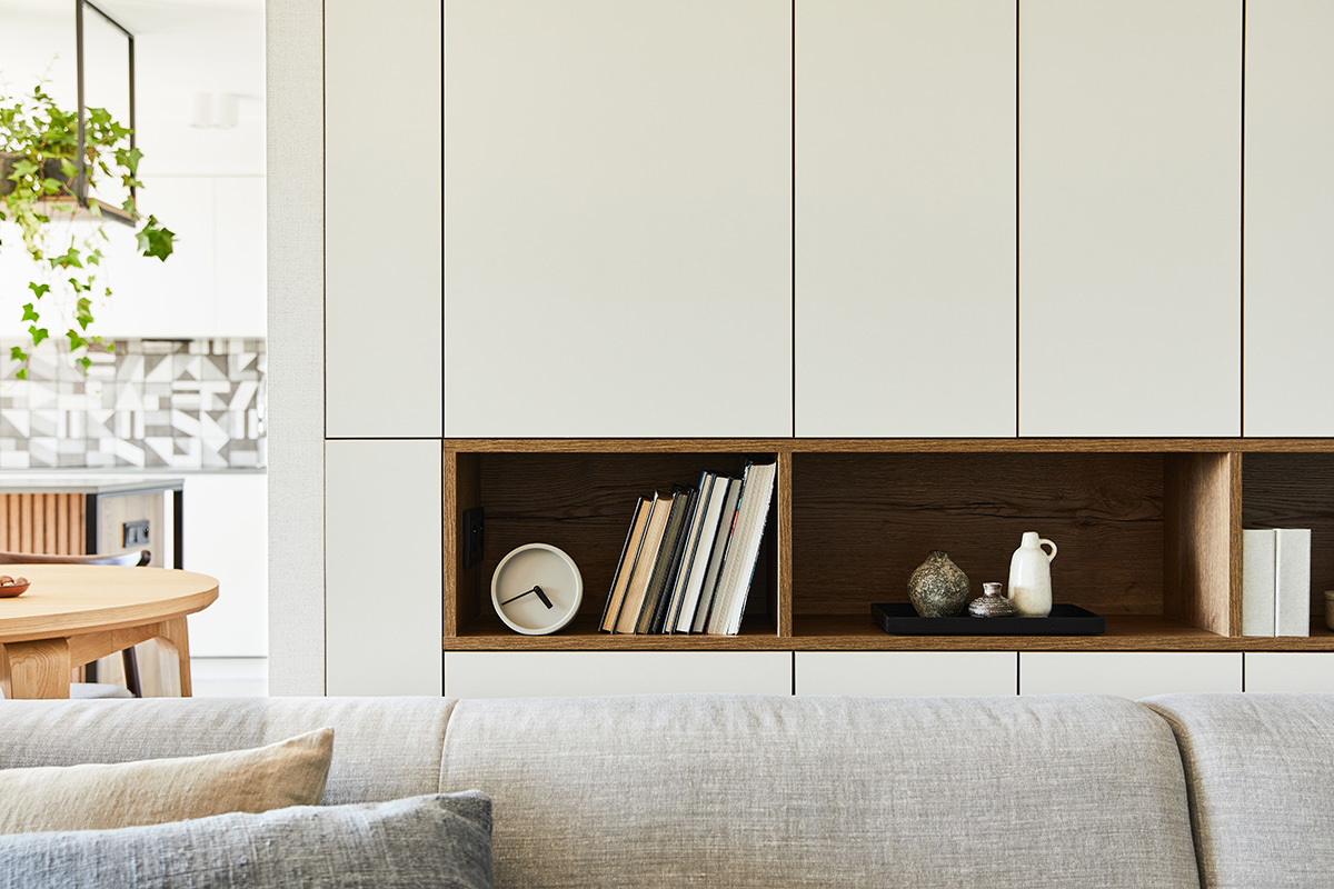 Custom built-in shelving and cabinets in a living room