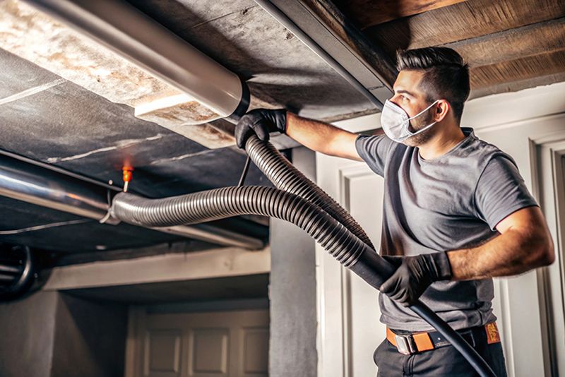 A technician cleaning air ducts in a home with a long vacuum hose